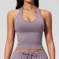 Slim fit brushed halter yoga vest in muted purple with a deep V-neck and open back - S / Tops / Smoky Purple