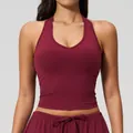 Burgundy halter neck V-neck sports bra made of brushed high-elastic athletic fabric - S / Tops / Cherry Red