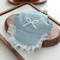 Cappello in denim per animali con fiocco di perle e pizzo per cani piccoli - S / Cappello da sole con fiocco di perle / Azzurro