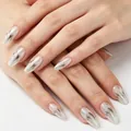 Silver cat eye and marble pattern press-on nails with glitter in medium ballet shape - Silver Black Flame Style (YS647)