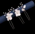 Set di 3 forcine da sposa con fiori bianchi, perle e filo dorato in stile elegante - Set di forcine / Bianco/Oro