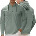 Men's sage green long sleeve hoodie with henley button neck and drawstring hood - S / Gray