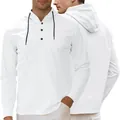 Men's casual long sleeve hoodie in solid white with three-button henley neck - S / White