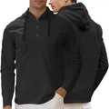Men's black slim fit hoodie featuring a buttoned Henley neckline and drawstrings - S / Black