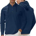 Men's navy blue long sleeve hoodie sweatshirt with Henley button neck and black drawstrings - Navy Blue