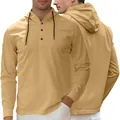 Men's khaki cotton twill hoodie henley shirt with buttons and drawstrings - Khaki