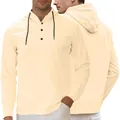 Men's slim fit cream hoodie shirt with three-button placket and drawstring hood - Apricot