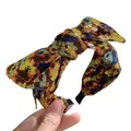 Vintage floral bow headband with brown and yellow pattern on textured fabric - Floral Bow (FK-B916 Retro)