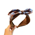 Brown wide-brim headband with blue floral patterns and a cute bow design - Dark Floral Bow (FK-B869 Blue)