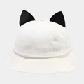 White cotton bucket hat with black cartoon devil ears and round top design - M (56-58cm) / White