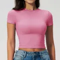 Slim fit bright pink cropped short sleeve sports t-shirt for women yoga and gym - Sakura Pink