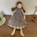 Handmade cloth doll with brown yarn braids, grey headscarf and striped vintage dress - Grey Plaid Dress Style