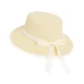 Beige boater straw hat with elegant white lace ribbon and bow for summer beach - One Size (Adjustable) / Lace Edge Beige