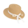 Women's straw sun hat with white lace ribbon bow and detailed floral embroidery - One Size (Adjustable) / Lace Edge Khaki