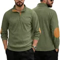 Men's olive green corduroy henley sweatshirt with contrast elbow patches and buttons - S / Army Green
