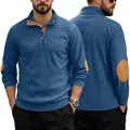 Blue corduroy Henley pullover for men featuring brown elbow patches and button neck - S / Navy Blue