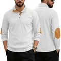 Men's white corduroy Henley pullover with contrast brown elbow patches and button neck - White
