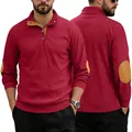 Men's wine red corduroy henley sweatshirt with button neck and elbow patches - Burgundy