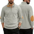 Heren grijze corduroy Henley shirt met camelkleurige contrast elleboogstukken - S / Lichtgrijs