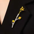 Silver branch brooch with yellow dried flowers on black blazer lapel for women - White Gold Finish Twig Brooch (A-1128) / Silver