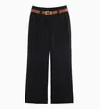 Schwarze Damenhose mit geradem Schnitt, braunem Kunstlederguertel und Saumaufschlag - XS / Schwarz