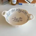 Ciotola vintage in ceramica con doppio manico e motivi blu di fiori e uccelli - Ciotola con due manici