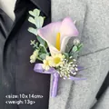 Lavender calla lily boutonniere with daisy accents and purple ribbon on grey suit - Light Purple