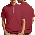 Burgundy men's short sleeve Polo shirt with zip collar and textured jacquard fabric - S / Tops / Burgundy