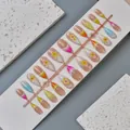 WY-132 24pcs 3D floral press-on nails with blue porcelain patterns and pearls - WY-132 / 10 Pieces In Xs Size