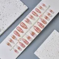 Pink gradient press-on nails with white grid pattern and golden hollow heart charms - Full Box Set / Pink White Gradient Pearl Style (WY-106)