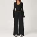 Women's black two-piece yoga set with cross-tie crop top and high waist wide leg pants - Long Sleeve+Vest+Pants-Premium Black