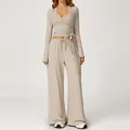 Two-piece light khaki yoga set with wrap-around long sleeve top and wide-leg pants - Long Sleeve+Vest+Pants-Linen