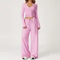 Two-piece light pink yoga set featuring a wrap crop top and high-waisted wide-leg pants - Long Sleeve+Vest+Pants-Rose Pink