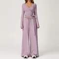 Lavender purple yoga set featuring wrap tie long sleeve top and wide leg pants - Long Sleeve+Vest+Pants-Lavender