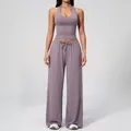Women's purple yoga set with halter neck tank top and drawstring wide leg trousers - Vest+Pants-Smoky Purple