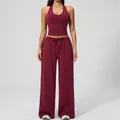 Deep red two-piece yoga set featuring a halter V-neck top and wide-leg drawstring pants - Vest+Pants-Cherry Red