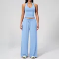 Light blue ribbed knit two-piece yoga set with V-neck tank top and drawstring wide leg pants - Vest+Pants-Sky Blue