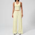Women's two-piece yoga set with cream yellow halter V-neck top and wide-leg trousers - Vest+Pants-Creamy Yellow