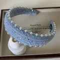 Elegant blue tweed headband with white faux pearls and a handmade woven label - Pearl Sequin Decorative Headband / Blue
