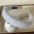 Light grey wide headband with hand-sewn pearls and wave pattern fabric detail - Pearl Flower Wide Headband / Blue