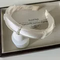 Creamy satin headband with elegant pearl and crystal floral accents in French style - Pearl Decorative Thin Headband / Off White