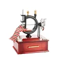 Vintage sewing machine music box with wood grain base and miniature accessories - Desktop Retro Sewing Machine Style