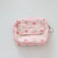 Close-up of strawberry print corduroy coin purse with snap flap and metal zipper - Strawberry with Bow