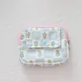 Detail of floral corduroy mini pouch showing the front pocket with blue snap button - Blue Grid White Floral