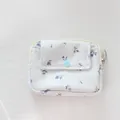 Detail view of the floral corduroy pouch with a button pocket and silver zipper ring - Blue Flower