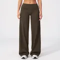 Pantalon de yoga marron foncé à jambes larges avec taille haute à revers souple - Café Noir