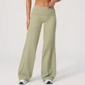 Pantalon de yoga large vert olive clair avec taille haute repliable pour le sport - Vert Mousse