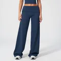 Pantalon de yoga large bleu foncé avec taille haute repliée en tissu mat extensible - Bleu Marine
