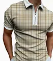 Men's slim fit short sleeve polo shirt with beige plaid pattern and zip collar - S / Beige Brown White Plaid Style (PSLL360)