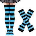 Blue and black striped thigh high socks with matching arm warmers accessory set - One Size / Light Blue & Black Wide Stripes